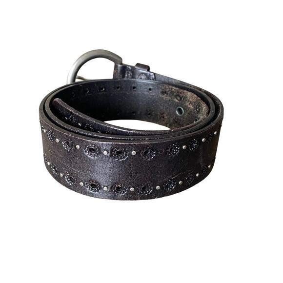 Fossil Black Leather Flower Punch Silver Studded Belt size medium